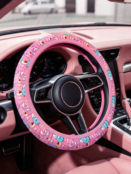 X Care Bears Cute Bear Print Steering Wheel Cover, 15 Inch Universal Non-Slip Elastic Car Steering Wheel Protector, Soft Breathable Pink Rainbow Bear Pattern Car Interior Accessories For Women G