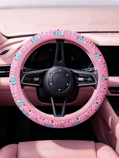 X Care Bears Cute Bear Print Steering Wheel Cover, 15 Inch Universal Non-Slip Elastic Car Steering Wheel Protector, Soft Breathable Pink Rainbow Bear Pattern Car Interior Accessories For Women G