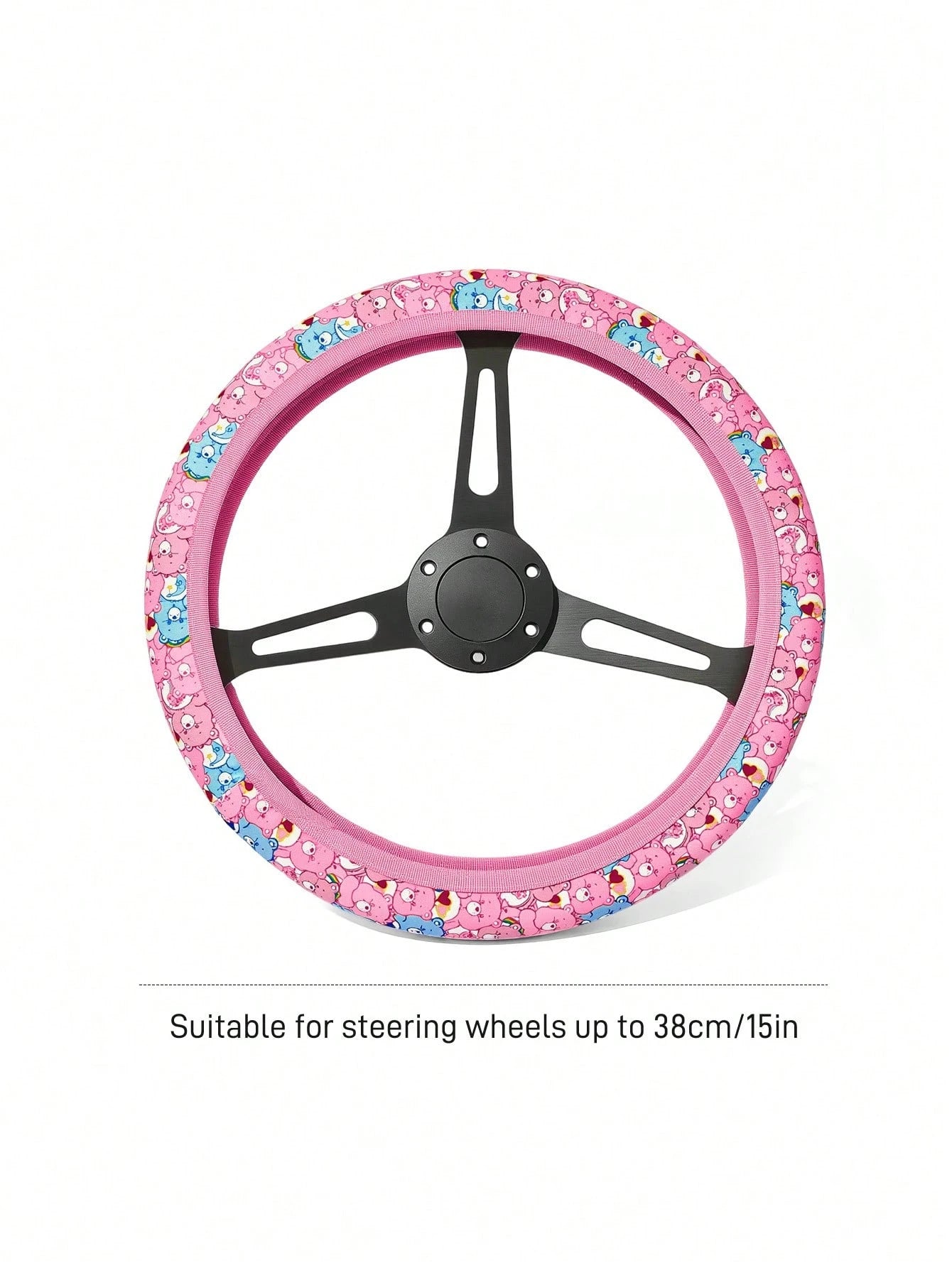 X Care Bears Cute Bear Print Steering Wheel Cover, 15 Inch Universal Non-Slip Elastic Car Steering Wheel Protector, Soft Breathable Pink Rainbow Bear Pattern Car Interior Accessories For Women G