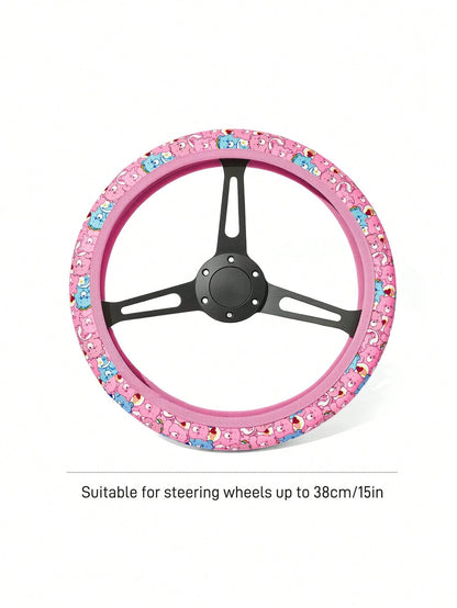 X Care Bears Cute Bear Print Steering Wheel Cover, 15 Inch Universal Non-Slip Elastic Car Steering Wheel Protector, Soft Breathable Pink Rainbow Bear Pattern Car Interior Accessories For Women G