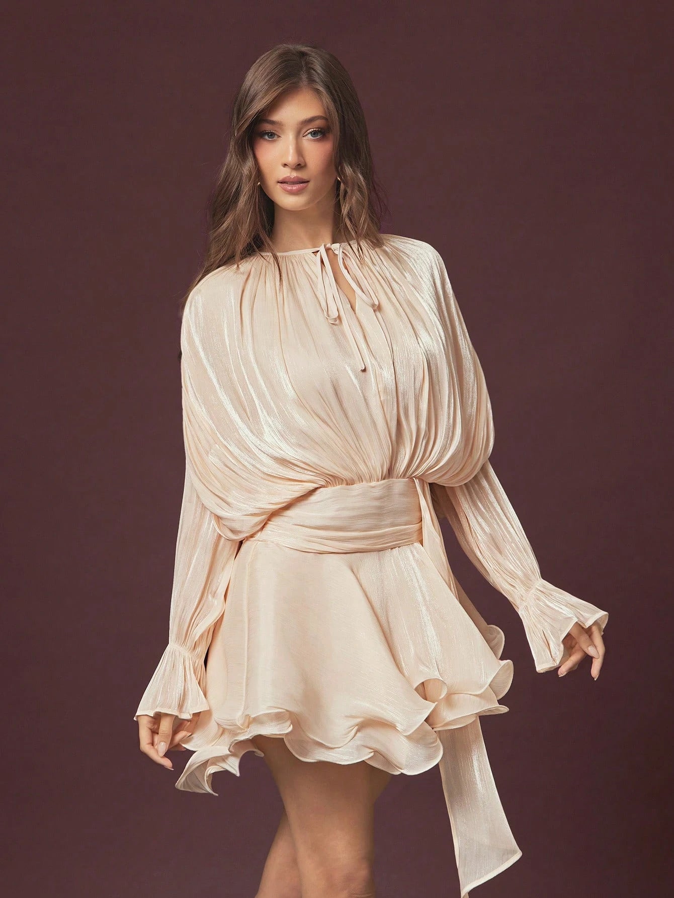 X GALILEA L'Amorae Women's Elegant Ruched Waist Tie Neck Mini Dress, Autumn, Chic, Cocktail, Fall, Birthday Dress