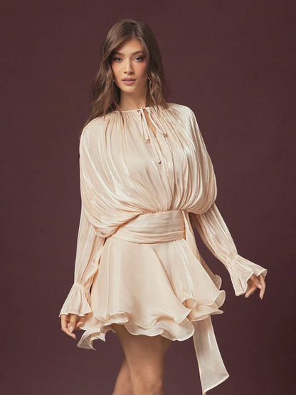 X GALILEA L'Amorae Women's Elegant Ruched Waist Tie Neck Mini Dress, Autumn, Chic, Cocktail, Fall, Birthday Dress
