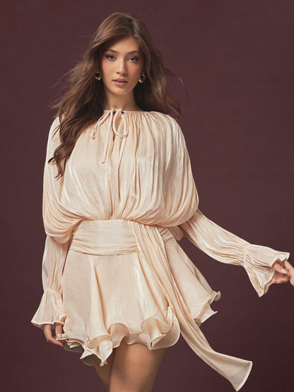 X GALILEA L'Amorae Women's Elegant Ruched Waist Tie Neck Mini Dress, Autumn, Chic, Cocktail, Fall, Birthday Dress
