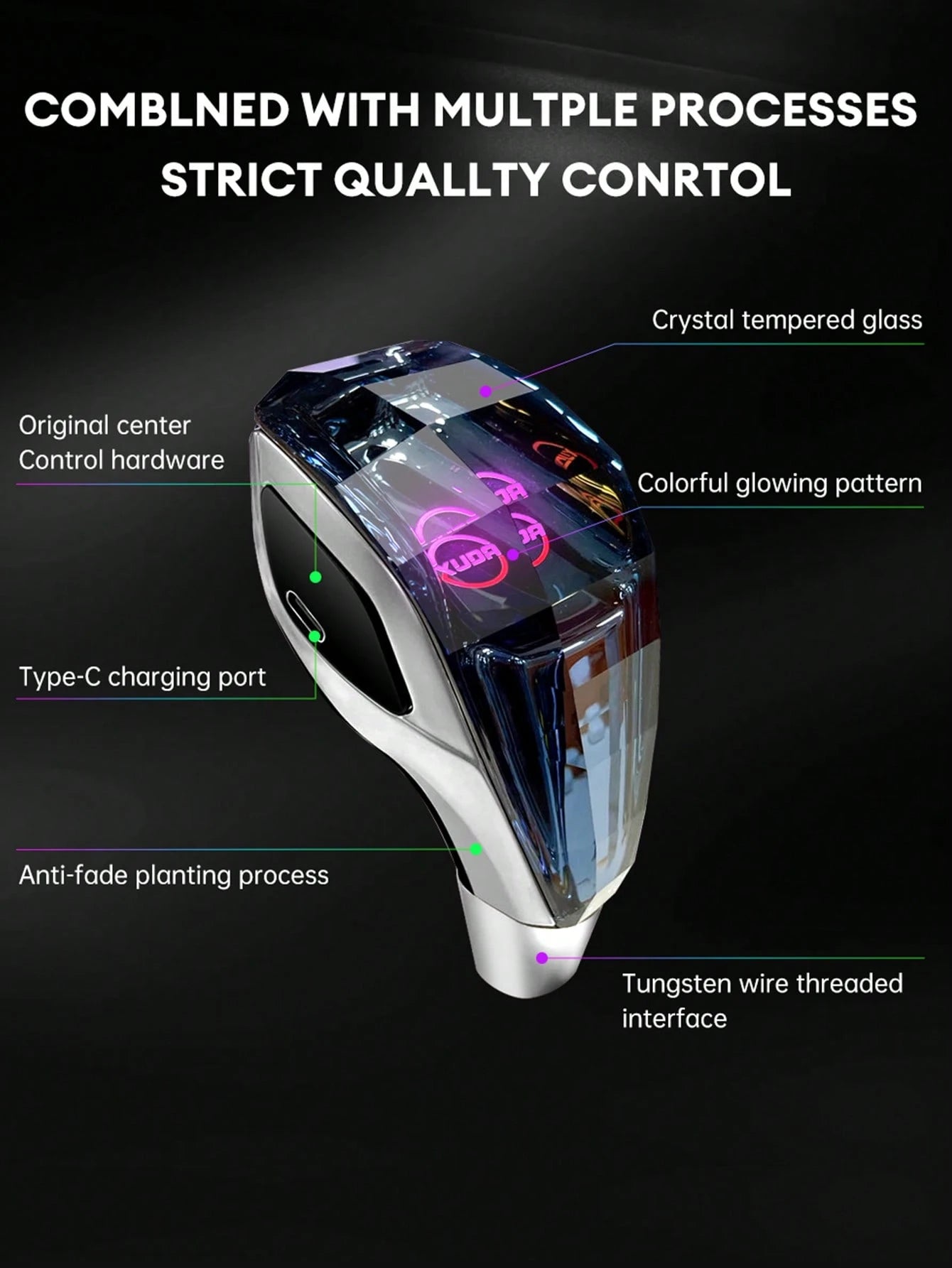 XUDA New Crystal Gear Shift Knob With 7-Color LED Lights, Plug-And-Play, Side Port, Comfortable Grip, Scratch-Resistant, Suitable For Lexus, Mitsubishi, Audi, Mercedes-Benz, Vehicles