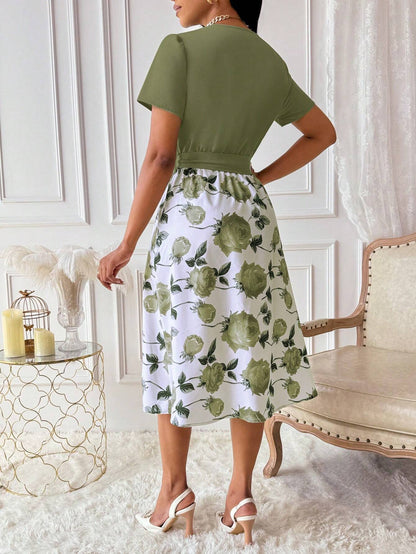 Xyvia Women's Floral Print Overlap V-Neck Short Sleeve Elegant Dress Maxi Women Outfit