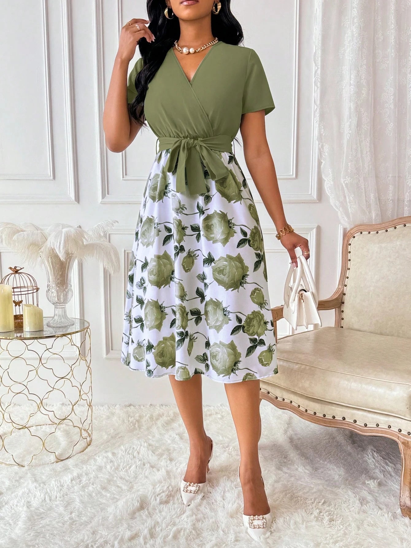 Xyvia Women's Floral Print Overlap V-Neck Short Sleeve Elegant Dress Maxi Women Outfit