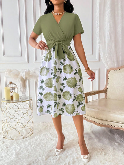 Xyvia Women's Floral Print Overlap V-Neck Short Sleeve Elegant Dress Maxi Women Outfit