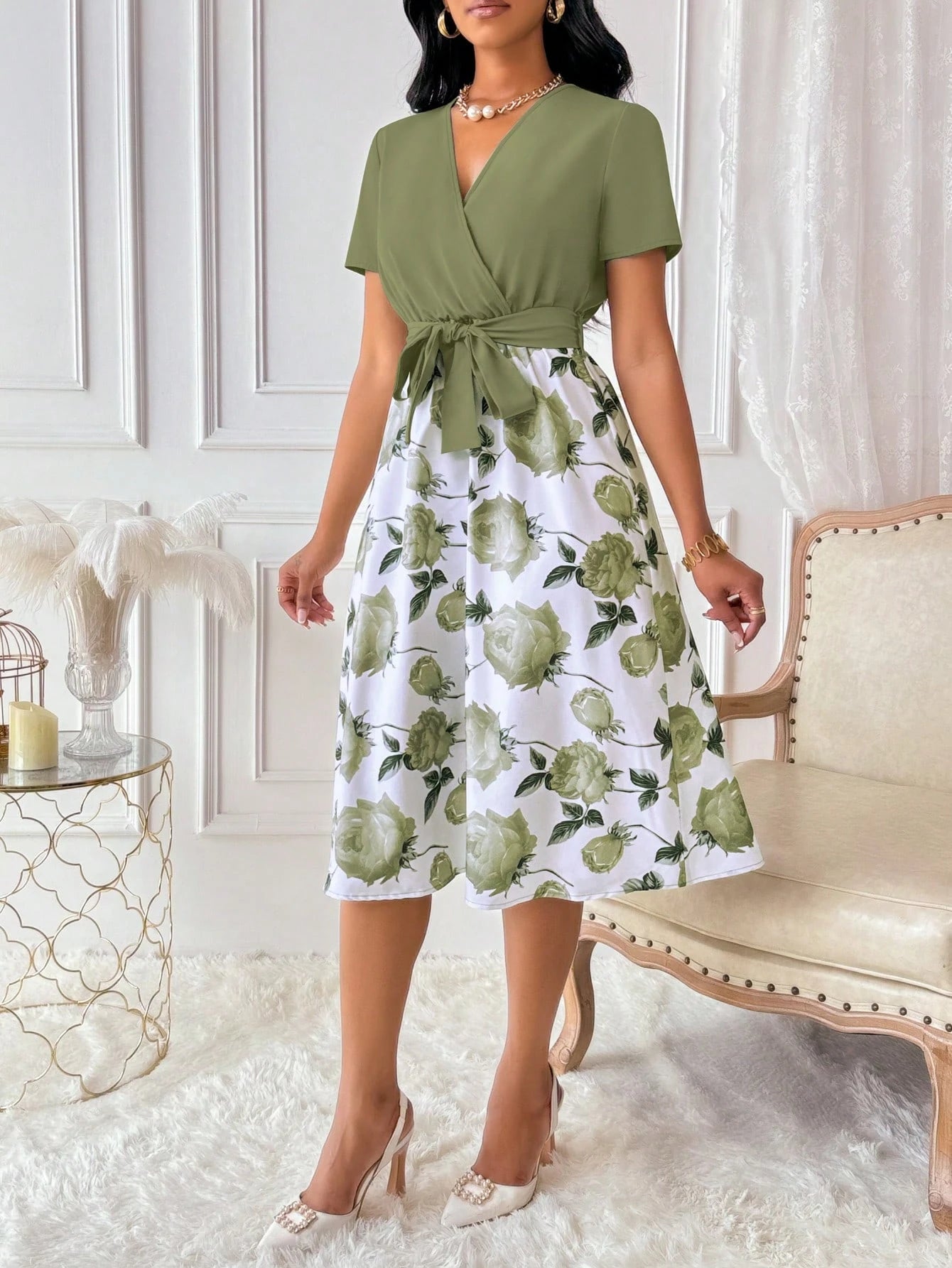 Xyvia Women's Floral Print Overlap V-Neck Short Sleeve Elegant Dress Maxi Women Outfit