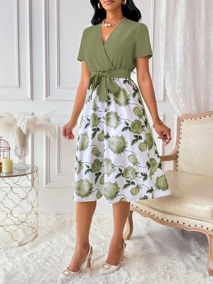 Xyvia Women's Floral Print Overlap V-Neck Short Sleeve Elegant Dress Maxi Women Outfit