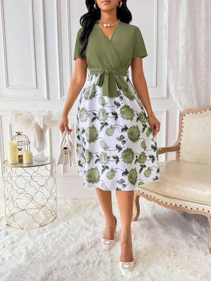 Xyvia Women's Floral Print Overlap V-Neck Short Sleeve Elegant Dress Maxi Women Outfit
