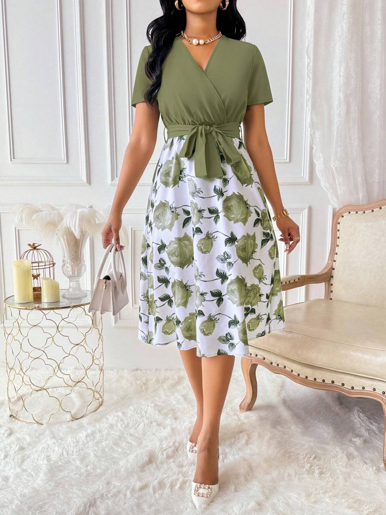 Xyvia Women's Floral Print Overlap V-Neck Short Sleeve Elegant Dress Maxi Women Outfit