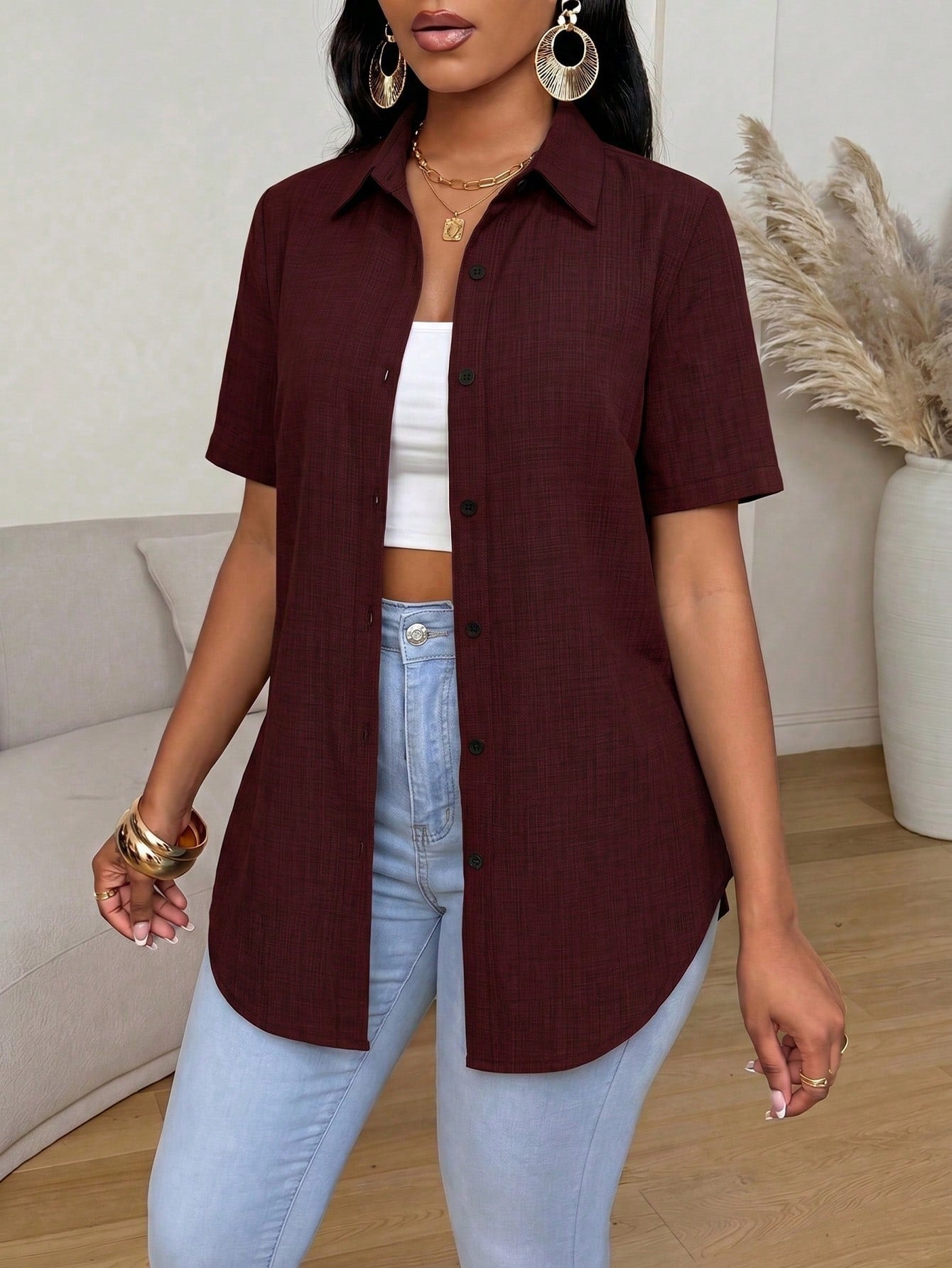 Xyvia Women's Solid Color Casual Single-Breasted Short Sleeve Versatile Shirt