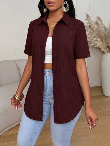 Xyvia Women's Solid Color Casual Single-Breasted Short Sleeve Versatile Shirt