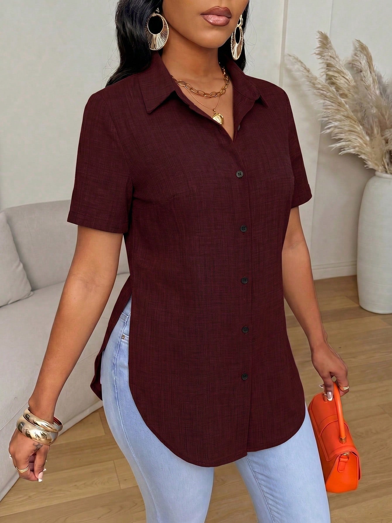 Xyvia Women's Solid Color Casual Single-Breasted Short Sleeve Versatile Shirt