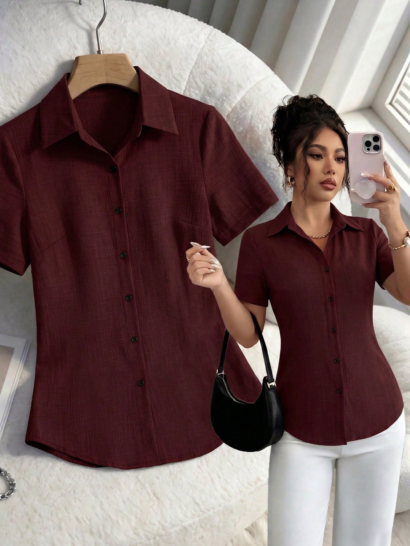 Xyvia Women's Solid Color Casual Single-Breasted Short Sleeve Versatile Shirt