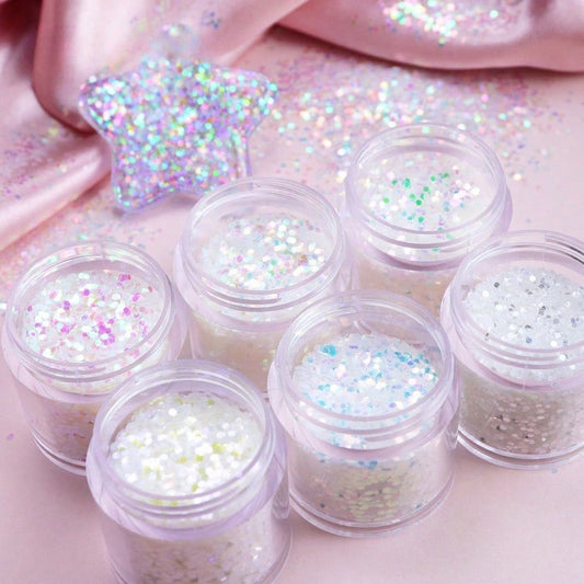 Y2K Iridescent White 1mm Hexagon Glitter Sequins Set, Holographic Aurora Round Flakes Fillers For Resin Keychains, Nail Art, Slime & DIY Handicrafts