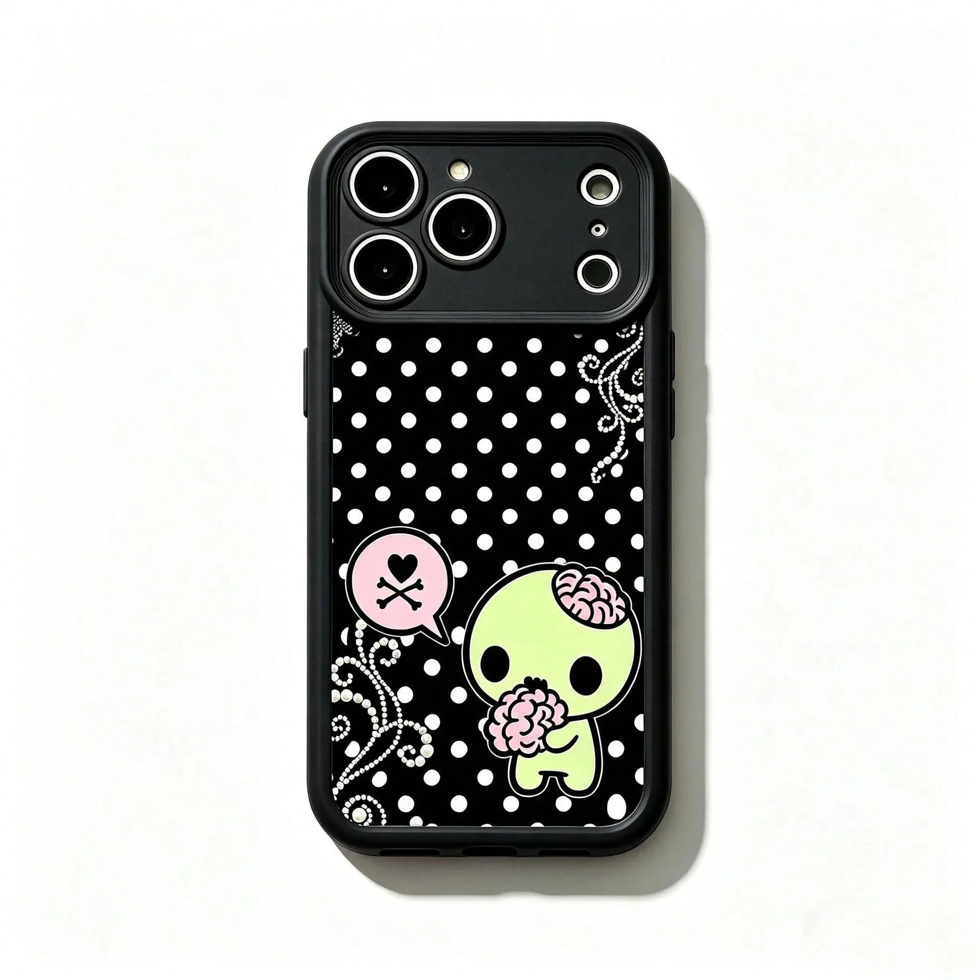 Y2k Kawaii Emo Zombie Phone Case| Pink Black Polka Dot Skull Pattern Protective Cover, Soft Durable TPU Cover With Lens Protection. Compatible With 11-17 Pro Max &, Cute Stylish Aesthetic Design