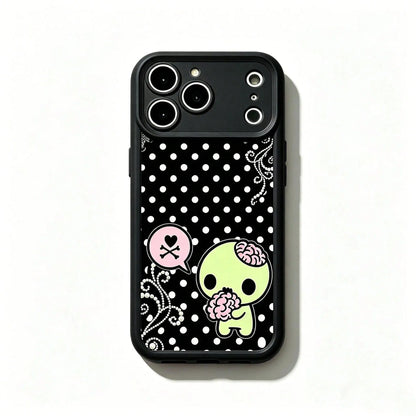 Y2k Kawaii Emo Zombie Phone Case| Pink Black Polka Dot Skull Pattern Protective Cover, Soft Durable TPU Cover With Lens Protection. Compatible With 11-17 Pro Max &, Cute Stylish Aesthetic Design
