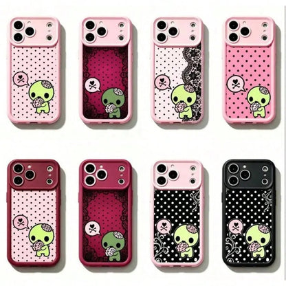 Y2k Kawaii Emo Zombie Phone Case| Pink Black Polka Dot Skull Pattern Protective Cover, Soft Durable TPU Cover With Lens Protection. Compatible With 11-17 Pro Max &, Cute Stylish Aesthetic Design