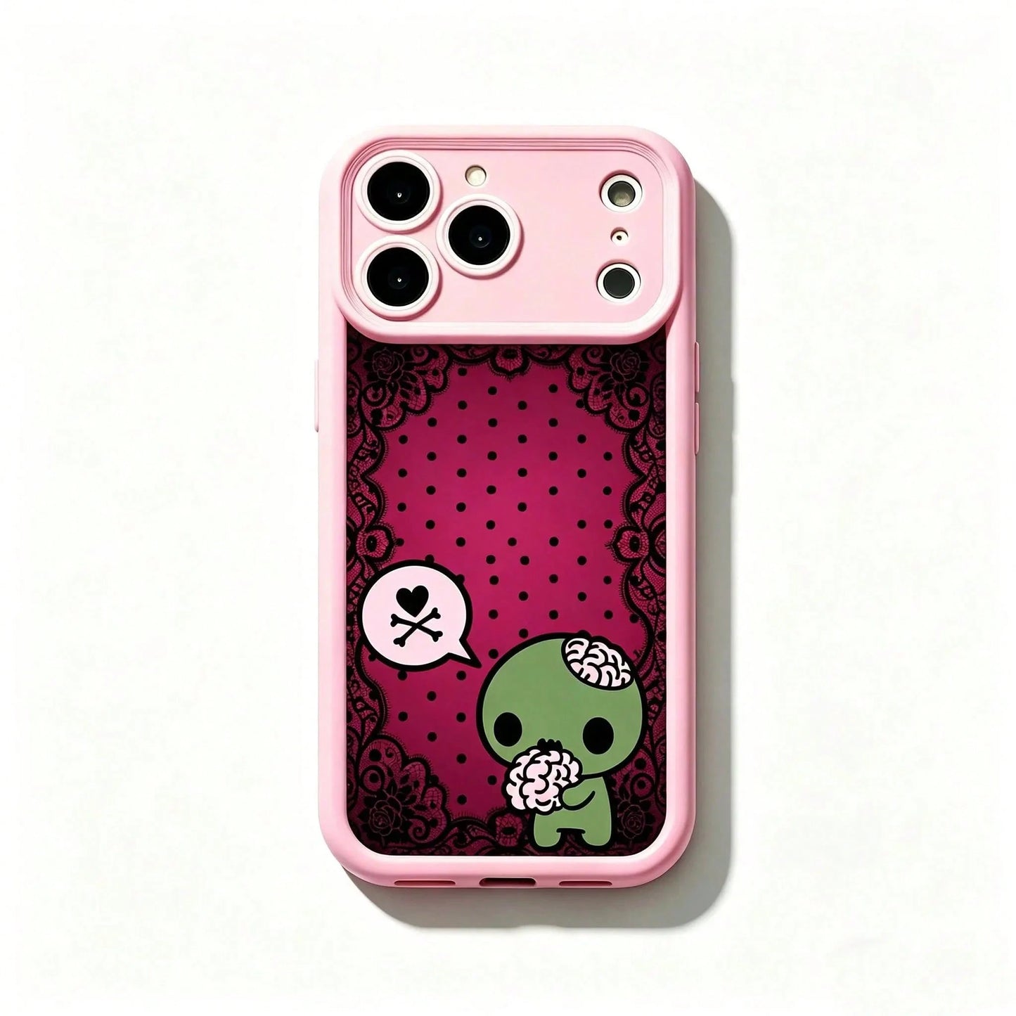 Y2k Kawaii Emo Zombie Phone Case| Pink Black Polka Dot Skull Pattern Protective Cover, Soft Durable TPU Cover With Lens Protection. Compatible With 11-17 Pro Max &, Cute Stylish Aesthetic Design