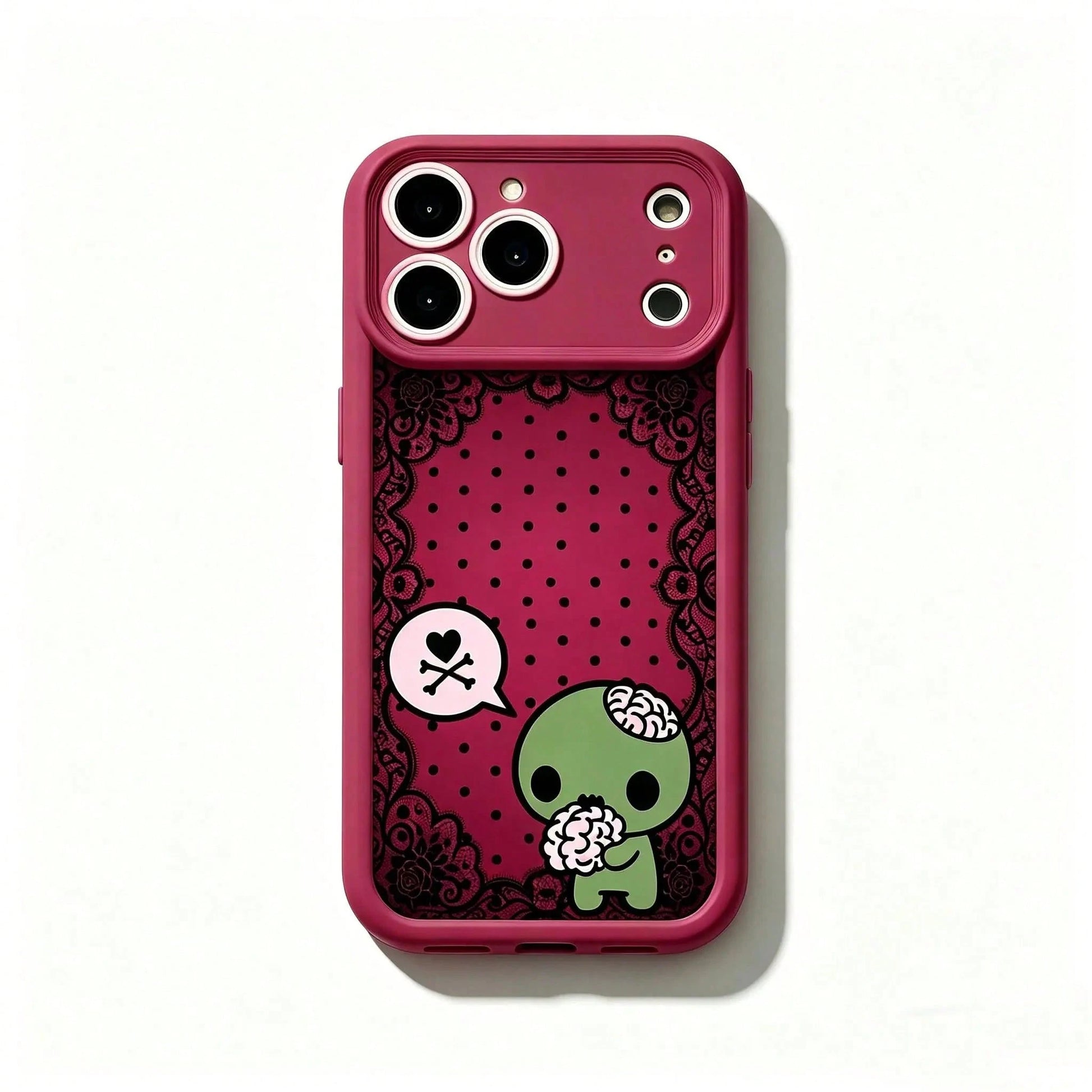 Y2k Kawaii Emo Zombie Phone Case| Pink Black Polka Dot Skull Pattern Protective Cover, Soft Durable TPU Cover With Lens Protection. Compatible With 11-17 Pro Max &, Cute Stylish Aesthetic Design