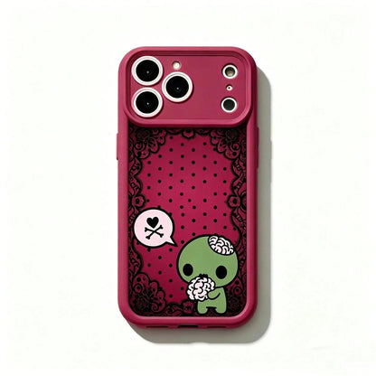 Y2k Kawaii Emo Zombie Phone Case| Pink Black Polka Dot Skull Pattern Protective Cover, Soft Durable TPU Cover With Lens Protection. Compatible With 11-17 Pro Max &, Cute Stylish Aesthetic Design