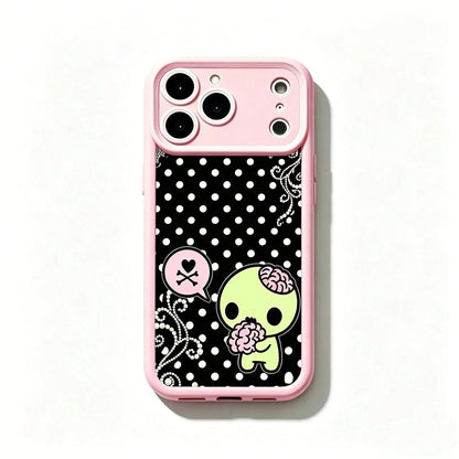 Y2k Kawaii Emo Zombie Phone Case| Pink Black Polka Dot Skull Pattern Protective Cover, Soft Durable TPU Cover With Lens Protection. Compatible With 11-17 Pro Max &, Cute Stylish Aesthetic Design