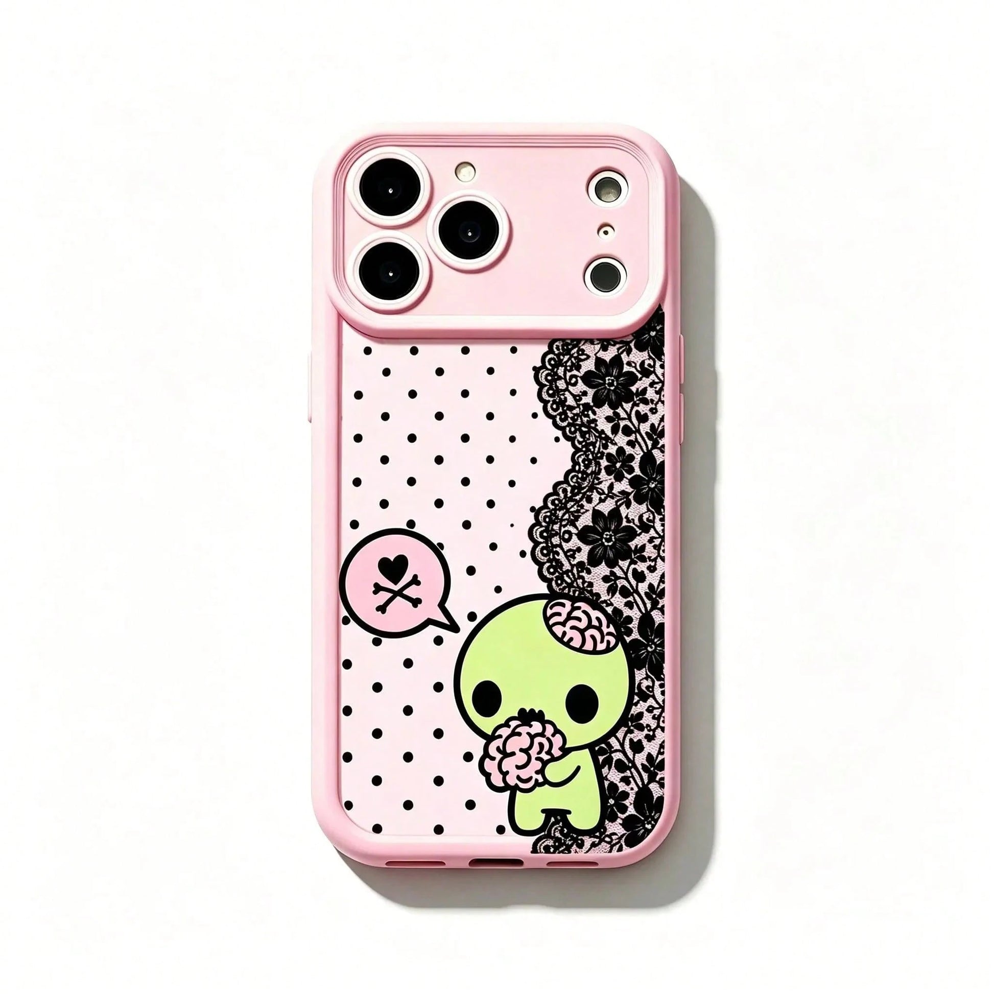 Y2k Kawaii Emo Zombie Phone Case| Pink Black Polka Dot Skull Pattern Protective Cover, Soft Durable TPU Cover With Lens Protection. Compatible With 11-17 Pro Max &, Cute Stylish Aesthetic Design