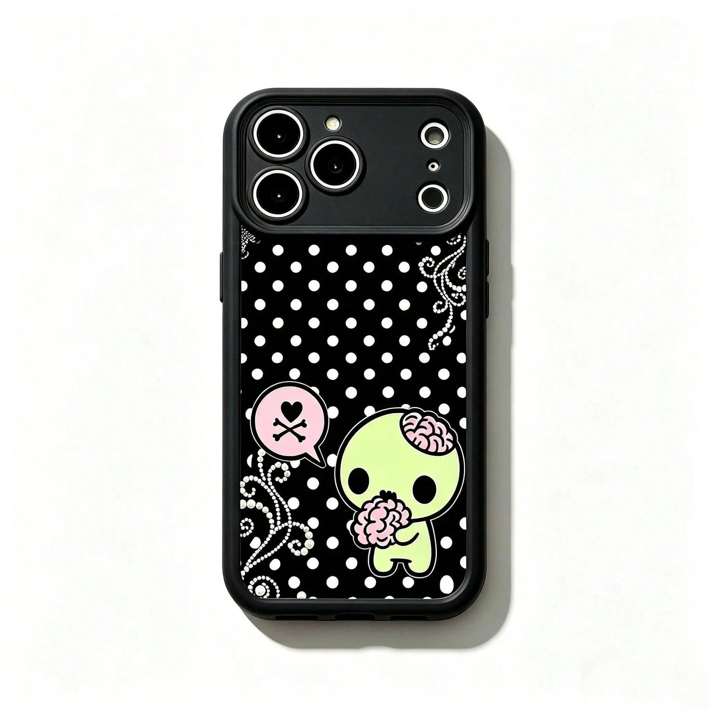 Y2k Kawaii Emo Zombie Phone Case| Pink Black Polka Dot Skull Pattern Protective Cover, Soft Durable TPU Cover With Lens Protection. Compatible With 11-17 Pro Max &, Cute Stylish Aesthetic Design