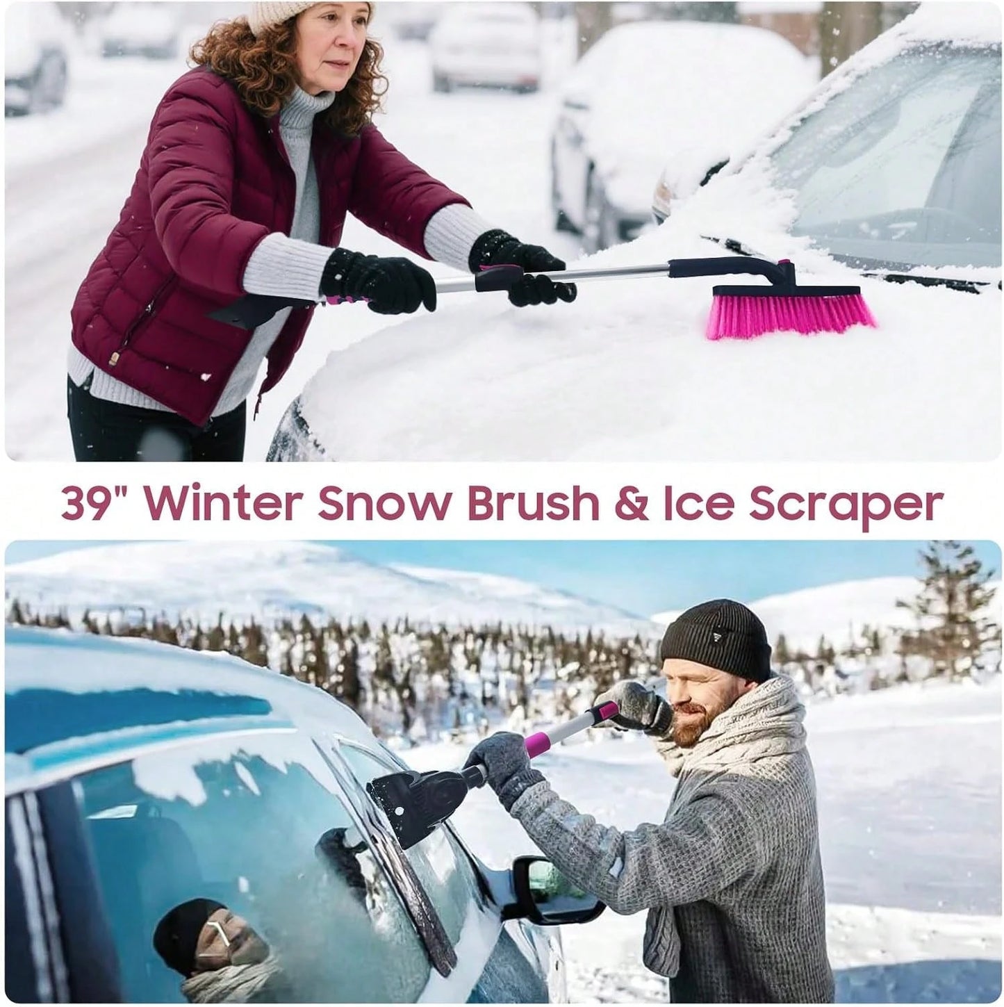 YeewayVeh 39in Car Snow Brush Ice Scraper 360° Rotating, Magenta Pink| For Paint, Detachable, Easy Assembly, Efficient Snow Removal For SUV