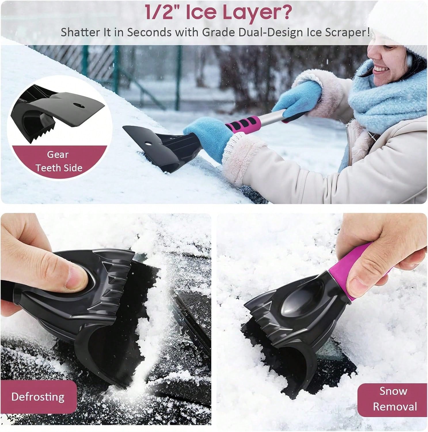 YeewayVeh 39in Car Snow Brush Ice Scraper 360° Rotating, Magenta Pink| For Paint, Detachable, Easy Assembly, Efficient Snow Removal For SUV