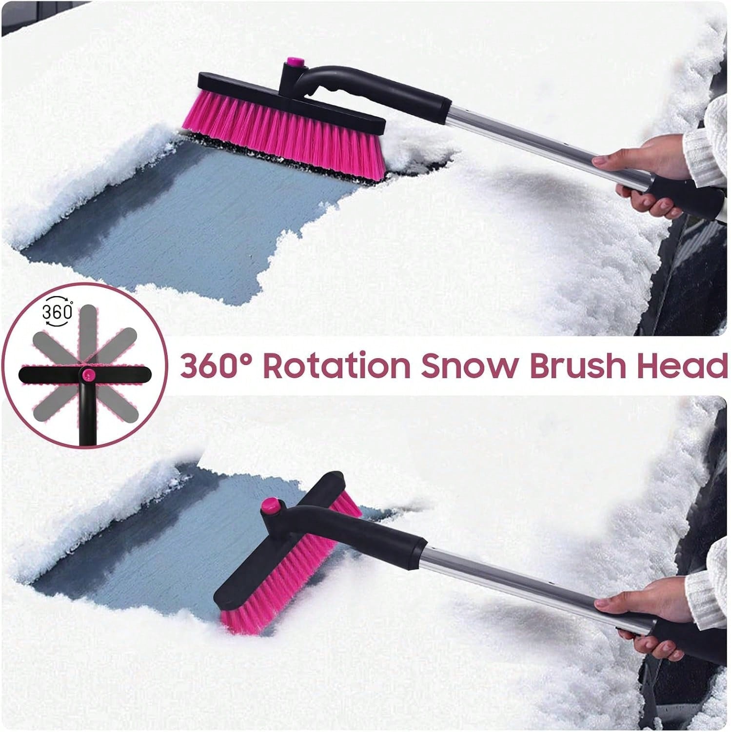 YeewayVeh 39in Car Snow Brush Ice Scraper 360° Rotating, Magenta Pink| For Paint, Detachable, Easy Assembly, Efficient Snow Removal For SUV