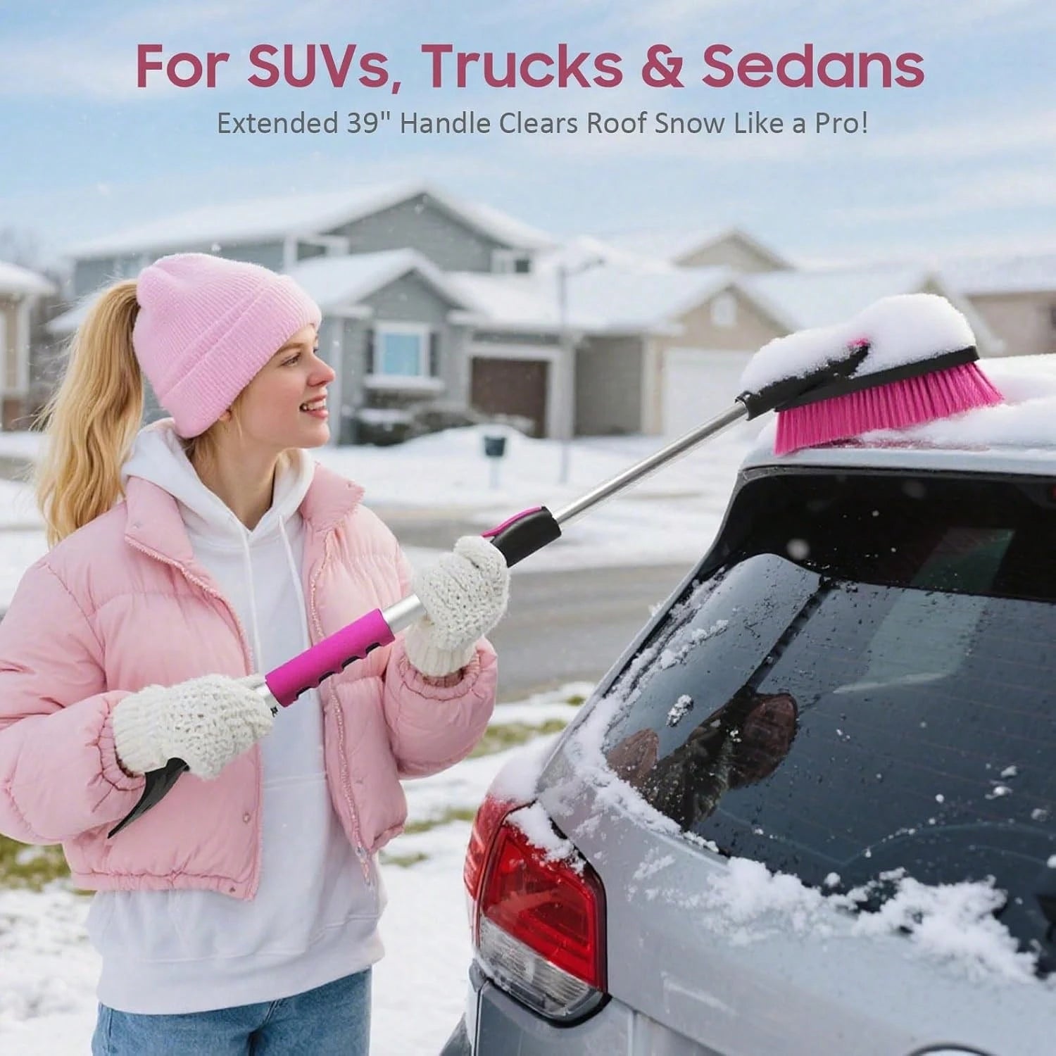 YeewayVeh 39in Car Snow Brush Ice Scraper 360° Rotating, Magenta Pink| For Paint, Detachable, Easy Assembly, Efficient Snow Removal For SUV