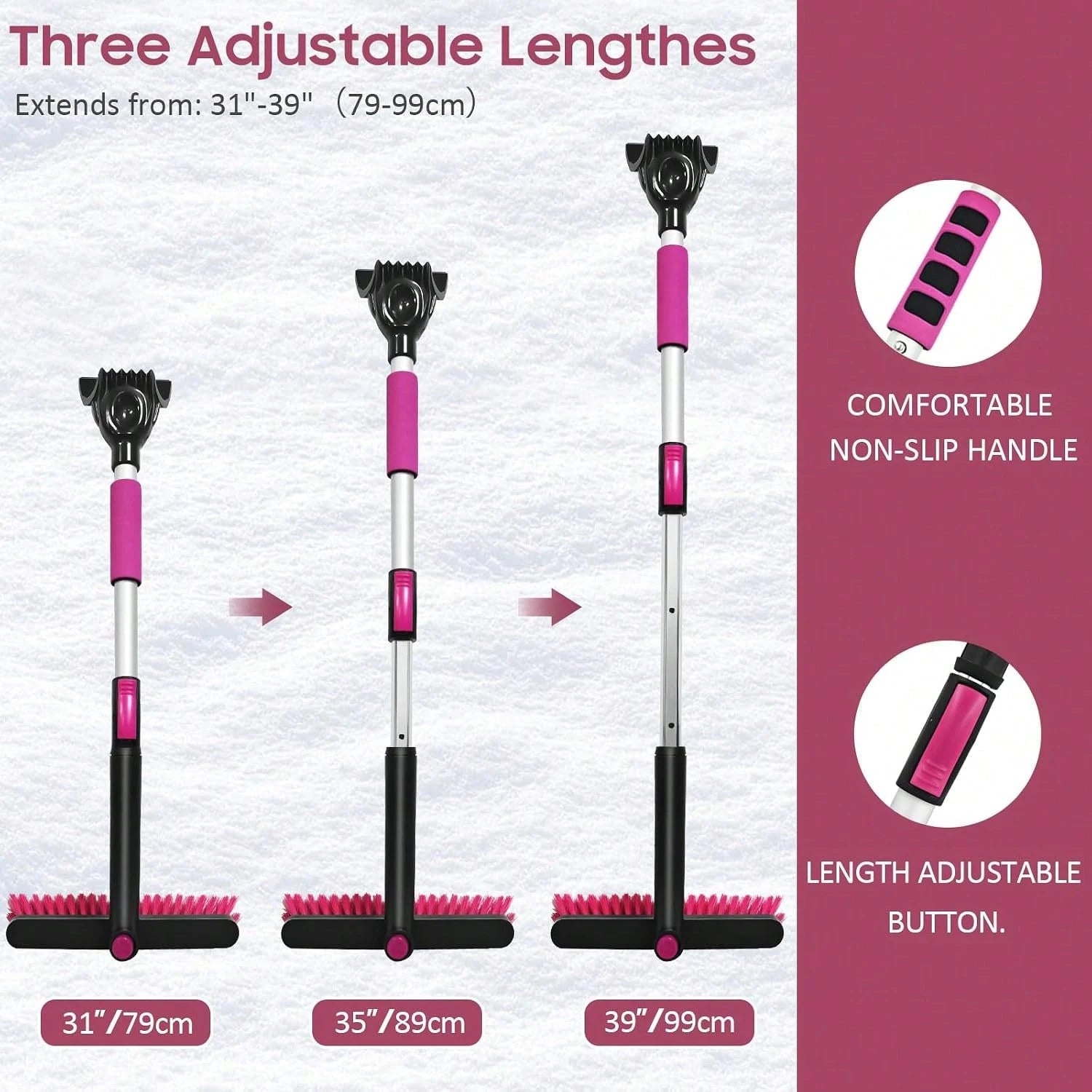 YeewayVeh 39in Car Snow Brush Ice Scraper 360° Rotating, Magenta Pink| For Paint, Detachable, Easy Assembly, Efficient Snow Removal For SUV