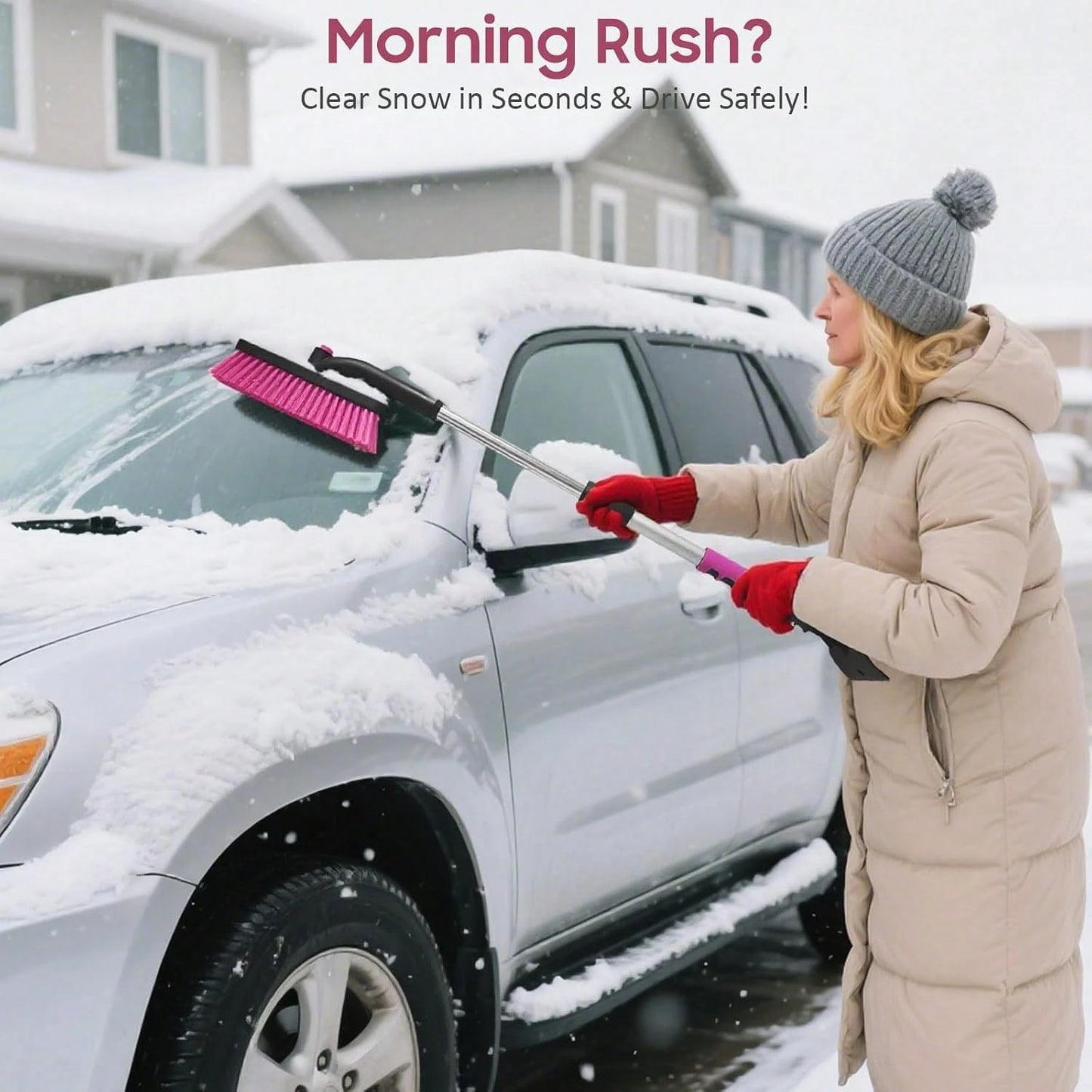 YeewayVeh 39in Car Snow Brush Ice Scraper 360° Rotating, Magenta Pink| For Paint, Detachable, Easy Assembly, Efficient Snow Removal For SUV