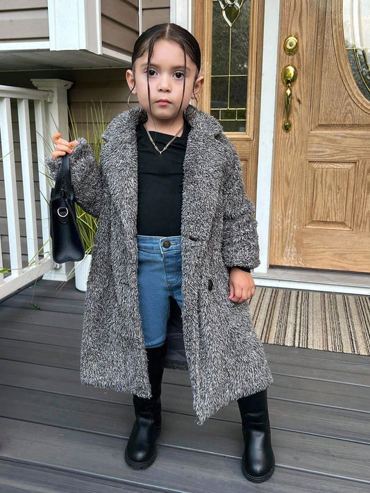 Young Girl Knitted Fluffy Collar Casual Jacket Long Coats Kids Grey Sherpa Coat Girls Teddy Coat Girls Shaggy Coat Girls Fleece Coat Fall Coat Winter