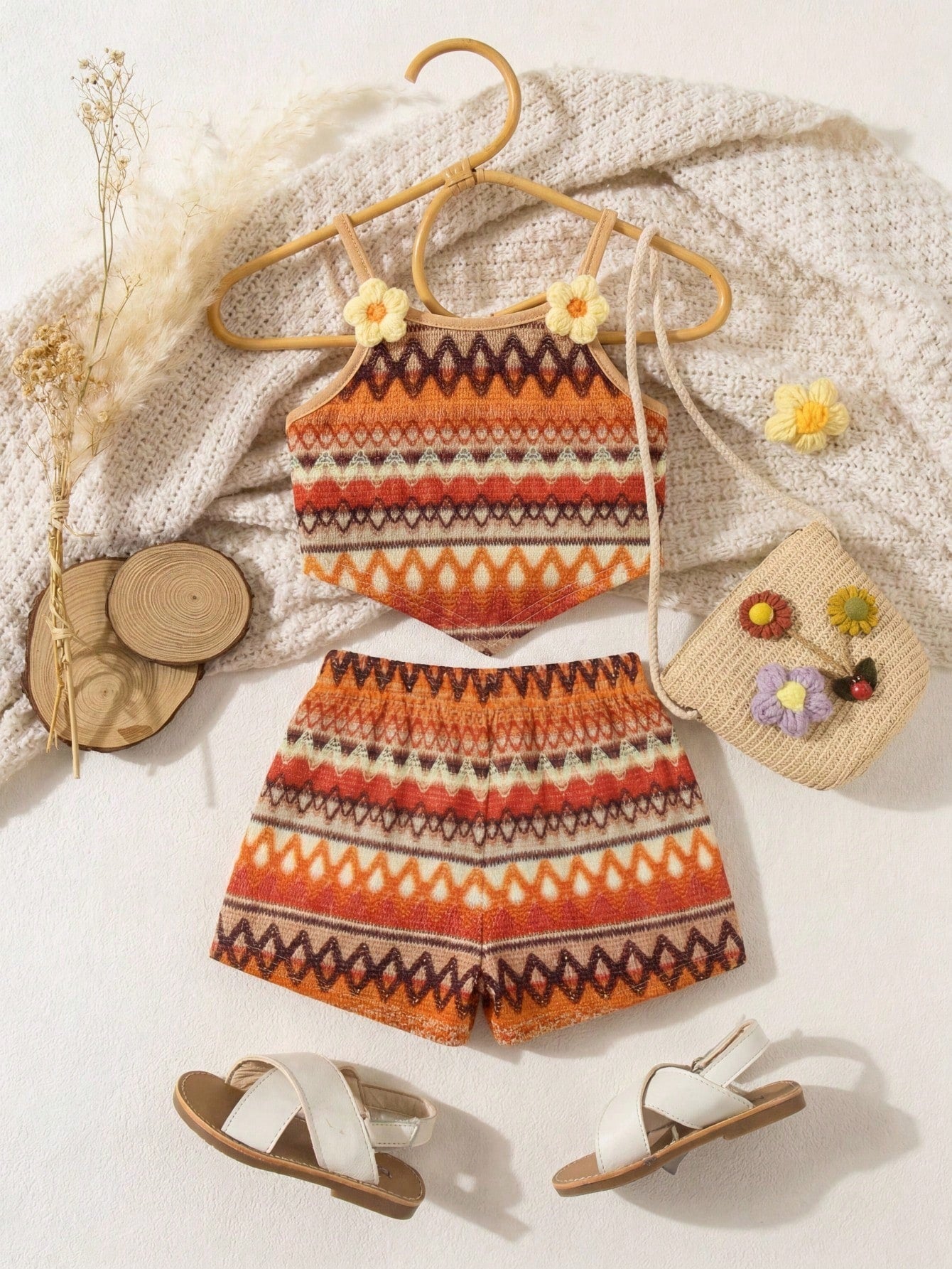 Young Girl Striped Floral Decor Camisole And Shorts 2 Pieces Set