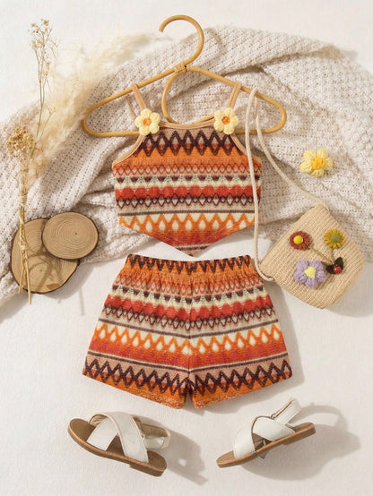 Young Girl Striped Floral Decor Camisole And Shorts 2 Pieces Set