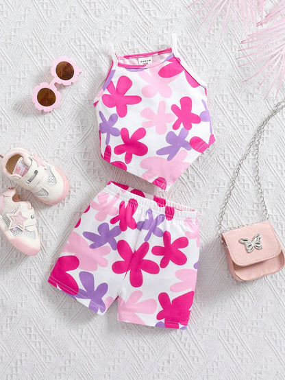 Young Girl Striped Floral Decor Camisole And Shorts 2 Pieces Set