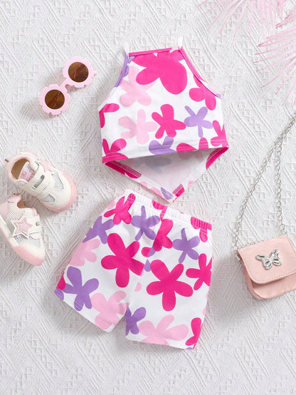 Young Girl Striped Floral Decor Camisole And Shorts 2 Pieces Set