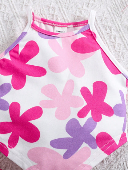 Young Girl Striped Floral Decor Camisole And Shorts 2 Pieces Set
