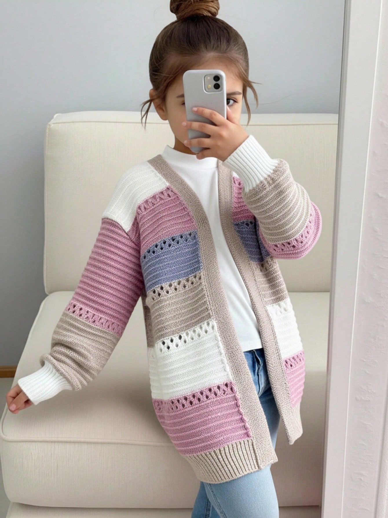 Young Girl Young Girl Colorblock Fashion Versatile Daily Casual Autumn Cardigan