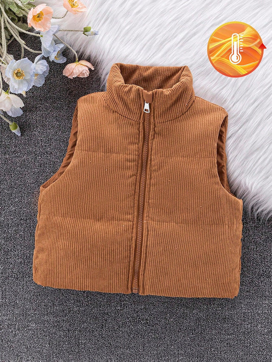 Young Girls Autumn Corduroy Vintage Stand Collar Zipper Vest,Kids Short Padded Coat,Classic Versatile Outerwear Kids Vest Back-To-School