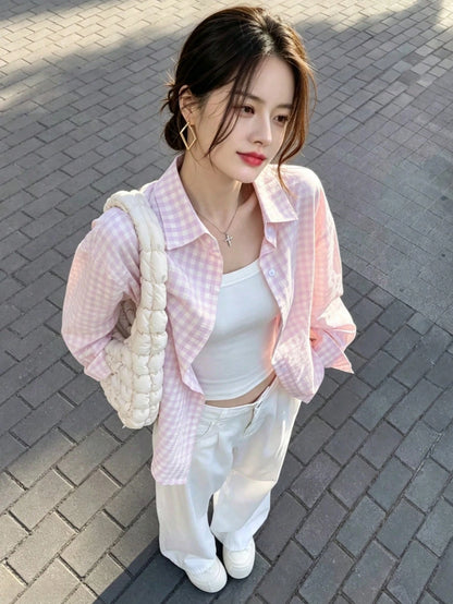 YUXIN Women's Loose Plaid Shirt, Turn-Down Collar Button Front, Single Pocket, Multiple Colors Available, Suitable For Commuting And Casual Wear, All Season, Spring Style