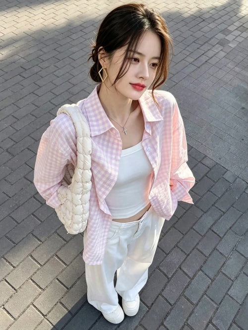 YUXIN Women's Loose Plaid Shirt, Turn-Down Collar Button Front, Single Pocket, Multiple Colors Available, Suitable For Commuting And Casual Wear, All Season, Spring Style
