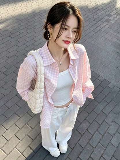 YUXIN Women's Loose Plaid Shirt, Turn-Down Collar Button Front, Single Pocket, Multiple Colors Available, Suitable For Commuting And Casual Wear, All Season, Spring Style