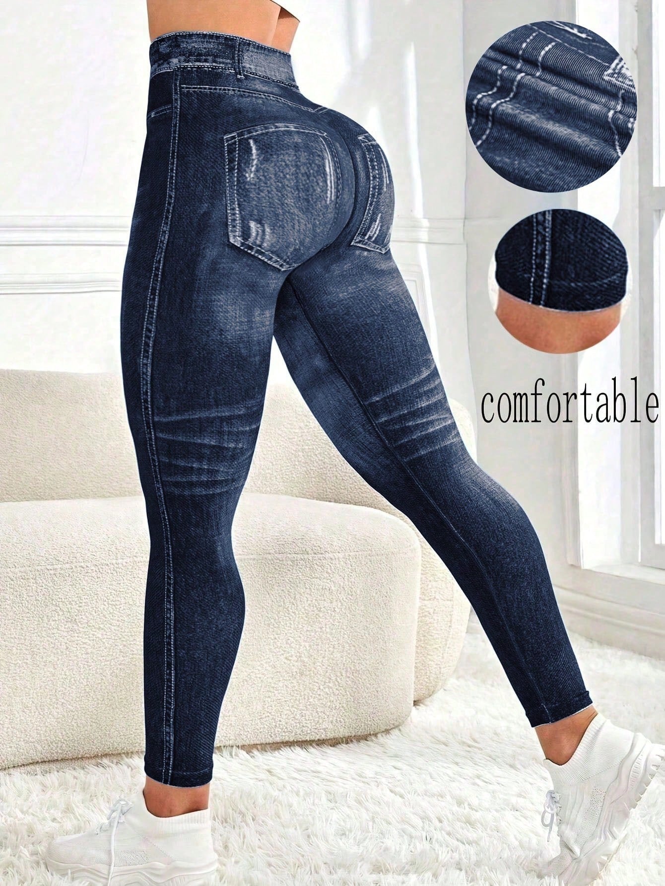Zkyiitae Women's Outdoor Fashion Sexy Sports Long Pants, Denim Effect Digital Print Pattern Contrast Color Design Yoga Tight Cycling Pants, Can Lift Buttocks And Compress Waist, Peach Butt Yoga Leggin