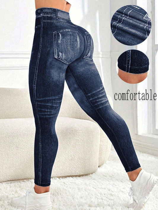 Zkyiitae Women's Outdoor Fashion Sexy Sports Long Pants, Denim Effect Digital Print Pattern Contrast Color Design Yoga Tight Cycling Pants, Can Lift Buttocks And Compress Waist, Peach Butt Yoga Leggin