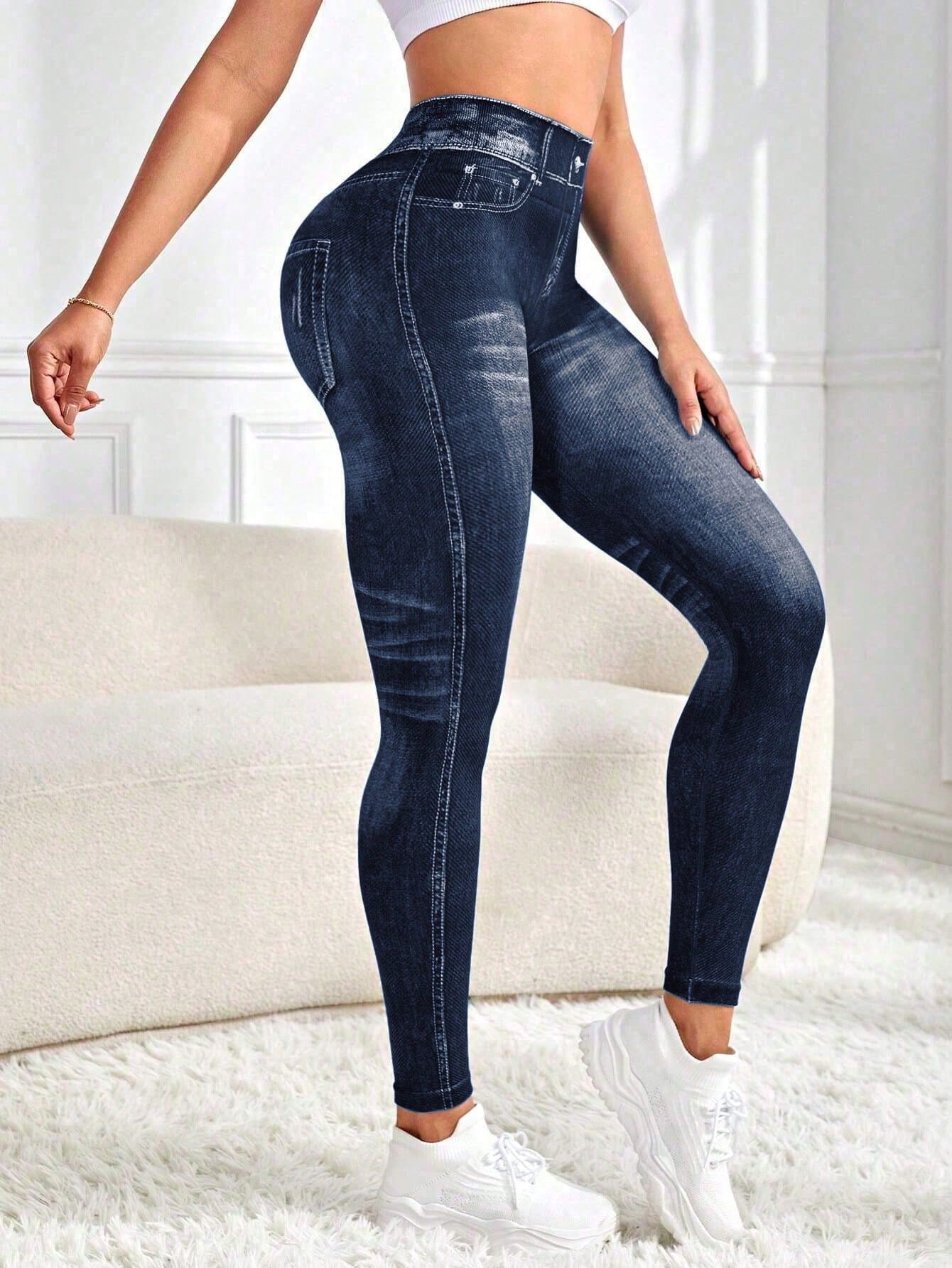 Zkyiitae Women's Outdoor Fashion Sexy Sports Long Pants, Denim Effect Digital Print Pattern Contrast Color Design Yoga Tight Cycling Pants, Can Lift Buttocks And Compress Waist, Peach Butt Yoga Leggin