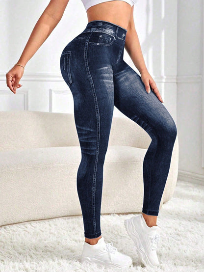 Zkyiitae Women's Outdoor Fashion Sexy Sports Long Pants, Denim Effect Digital Print Pattern Contrast Color Design Yoga Tight Cycling Pants, Can Lift Buttocks And Compress Waist, Peach Butt Yoga Leggin